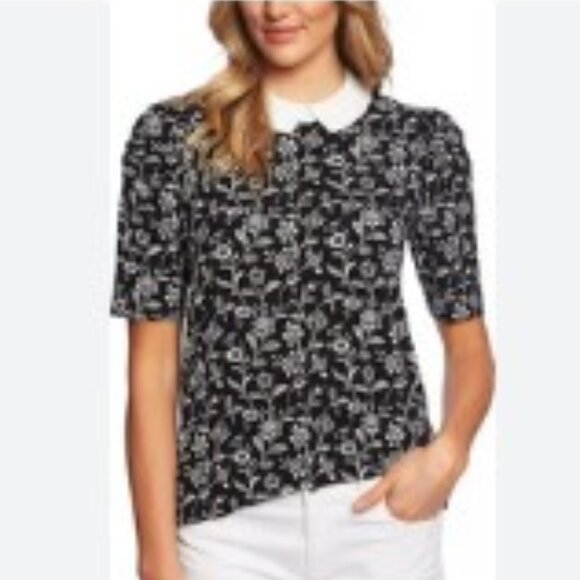 CeCe Floral Black and White Peter Pan Collar Half Sleeve Blouse - Picture 2 of 12